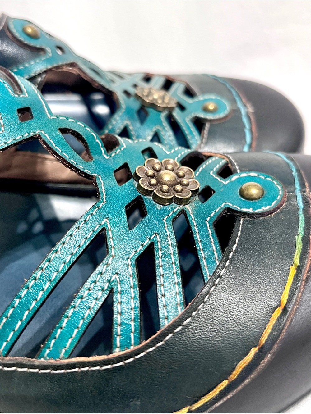 L'Artiste by Spring Step Flochino Teal Turquoise Leather Floral Clogs Mules 37 - Picture 4 of 6